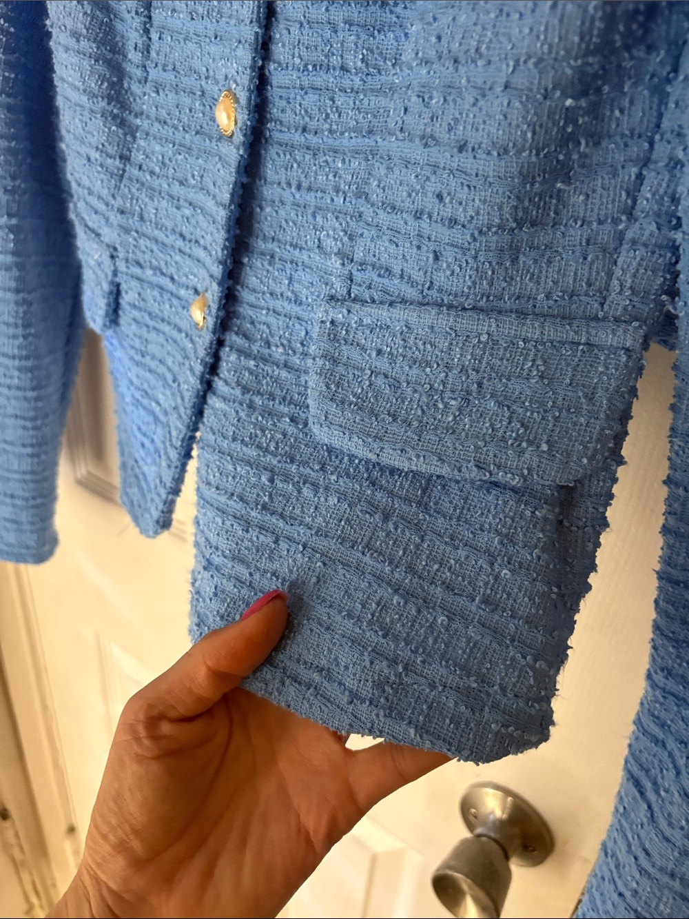 SHEIN Sky Blue Tweed Button-Front Blazer & Skirt Set - Picture 5 of 14